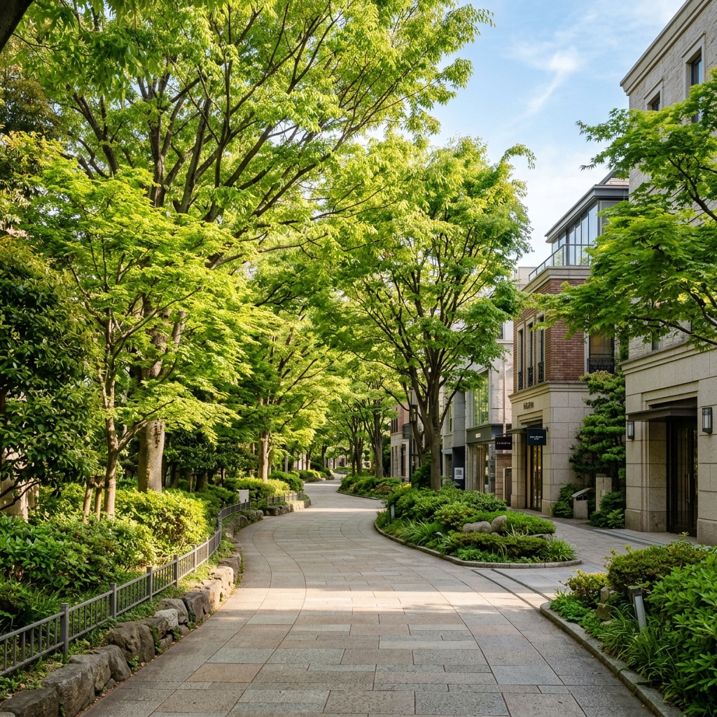 都心の並木道に木漏れ日が差す風景